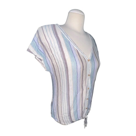 Rachel Zoe 100% Linen Striped V-Neck Button-Front Tie-Hem Top Size Medium Womens - Picture 5 of 9